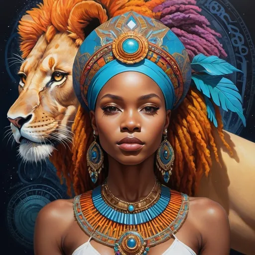 Prompt: (Chinwe Chukwuogo-Roy inspired), highly detailed digital painting, afrofuturism elements, a woman wearing an ornate headpiece, a majestic lion juxtaposed with her face, vibrant colors blending harmoniously, intricate patterns in the background, a detailed map of Africa framed behind, ethereal ambiance, captivating and symbolic, ultra-detailed, fine art masterpiece, evocative and sophisticated atmosphere.