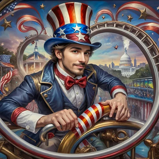 Prompt: (A Seven Wonders Art Glass Studio masterpiece) painting of a man wearing a patriotic hat, (thrilling pose) riding the Freedom rollercoaster, (vibrant colors), scenic background of Freedom Park in D.C., (dynamic movement), celebrating freedom, eternal spark of joy, whimsical ambiance, soft warm lighting, highly detailed, clarity, engaging and joyful atmosphere, surrounded by delighted visitors, landmarks in the distance.