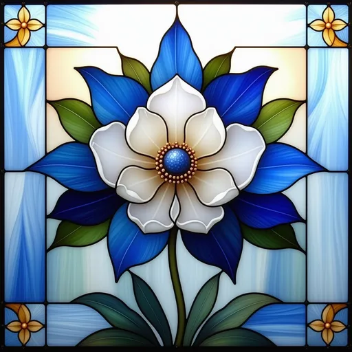 Prompt: (A Seven Wonders Art Glass Studio stained glass window), featuring a radiant flower at its center with lush blue petals, heightening the vibrant colors of intricate designs. (Exquisite detail), showcasing the beauty of the arts and crafts movement and sentence Baroque style, enveloped in softly diffused light. (Ultra-detailed, high quality), emphasizing rich textures and patterns for a breathtaking visual impact.