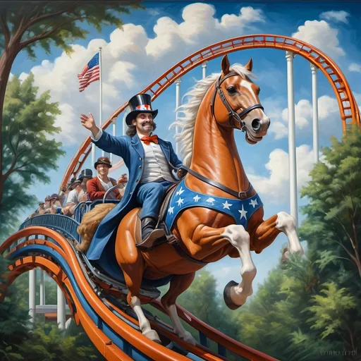 Prompt: (A masterpiece of a Renaissance oil painting), a majestic horse roller coaster elegantly twisting through the vibrant greenery of Liberty Park, infusing a sense of adventure. Surrounded by a rich forest, enveloped in (patriotic orange, white, and blue tones), illuminating its features. The scene pays homage to Nuit, harnessing an atmosphere of wonder and nostalgia, crafted in ultra-detailed quality. 