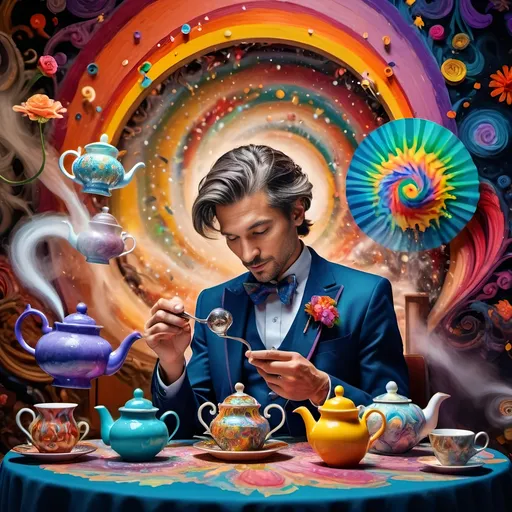 Prompt: (psychedelic still life portrait), vibrant colors, (magician jack-in-the-box man), whimsical tea party ambience, enchanting teapots, magical items animated around him, open book in front, dreamy and surreal atmosphere, intricate details, flowing patterns, mesmerizing depth, an explosion of colors, high-definition masterpiece, captivating and playful vibe.