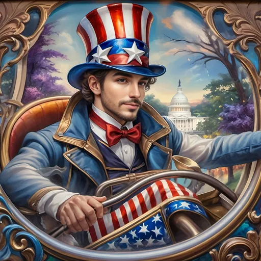 Prompt: (A Seven Wonders Art Glass Studio masterpiece) painting of a man wearing a patriotic hat, (thrilling pose) riding the Freedom rollercoaster, (vibrant colors), scenic background of Freedom Park in D.C., (dynamic movement), celebrating freedom, eternal spark of joy, whimsical ambiance, soft warm lighting, highly detailed, clarity, engaging and joyful atmosphere, surrounded by delighted visitors, landmarks in the distance.