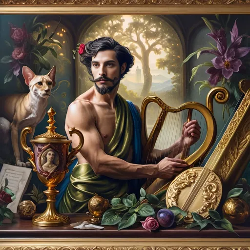 Prompt: (Seven Wonders Art Glass Studio), oil painting, (honoring Nuit), a man with a beard, holding a harp, glass of wine, golden cup beside him, (Ditlev Blunck), neoclassicism, classical painting, Flemish Baroque style, high detail, rich colors, warm glowing light, serene atmosphere, capturing tradition and reverence, elegant background with ethereal elements, ultra-detailed composition, masterful artistry.