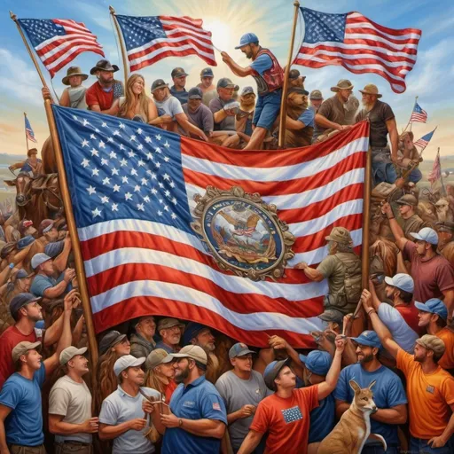 Prompt: (accurately spelled text "the real union"), painting of a flag, intricate details, surrounding people and animals, (regionalism), airbrush technique, highly detailed digital art, vibrant colors, dynamic composition, textured background, harmonious atmosphere, showcasing unity and diversity, emphasizing themes of community and teamwork, ultra-detailed, capturing depth and emotion, evocative imagery.