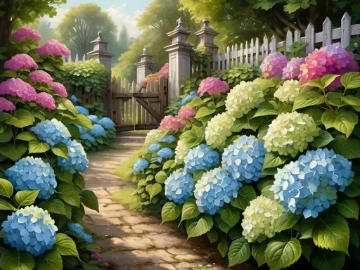 Prompt: Hydrangeas (focal subject), growing lushly in a garden, surrounded by vibrant green leaves and colorful flowers, rustic fence in the background, inspired by (rococo) elegance, infused with (Flemish Baroque) ambiance