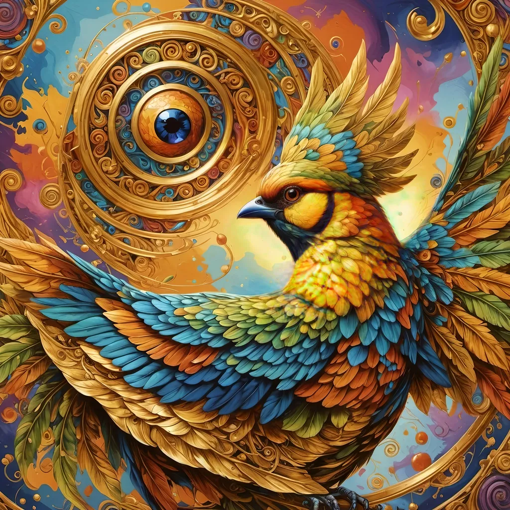 Prompt: a painting of a colorful bird with a circular background and a gold ring around it's neck and a blue eye, Android Jones, psychedelic art, highly detailed digital painting, a detailed painting