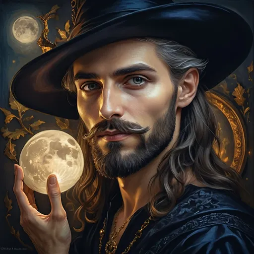 Prompt: (honoring Nuit), moon and stars) captivating handsome man magician, pointed witch hat, facial features highlighted, elegant beard, (renaissance baroque painting style), dark mystical background, rich deep colors with dramatic contrast, elements of Halloween celebration in still life arrangement, enigmatic ambiance, intricate shadows and light, (highly detailed), evoking intrigue and enchantment.