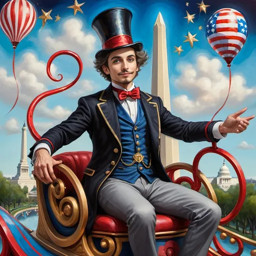 Prompt: (Acrylic painting of a magician man), wearing a (patriotic top hat), joyfully riding a (whimsical rollercoaster) in Liberty Park, with (HD details), vibrant colors, and enchanting motifs. The scene features the (Washington Monument) in the background, as well as the phrase (accurately spelled text "Yankee Doodle"). An aura of celebration and magic surrounds the image, honoring Nuit and the Aeon of Horus.