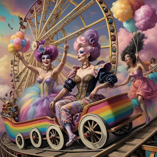 Prompt: (honoring nuit), a mesmerizing painting of colorful drag queens exuding joy and fabulousness while riding a roller coaster, vibrant (rainbow) painted on the side, a whimsical ferris wheel creating a festive atmosphere in the background, whimsical cotton candy clouds, (dynamic movement), warm pastel colors enhancing the lively scene, ultra-detailed, high-quality artwork capturing a celebratory ambiance.