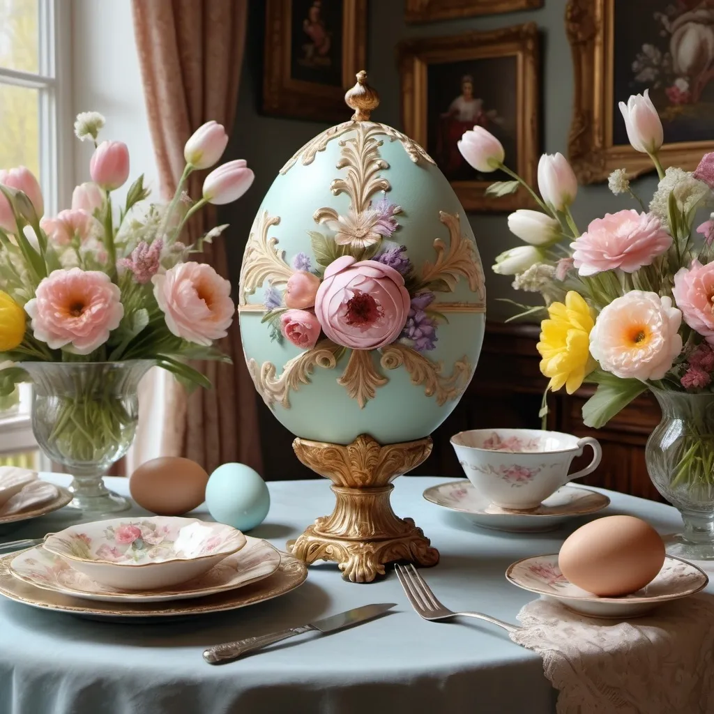 Prompt: (baroque style), (pastel color scheme), large decorated Easter egg, intricate floral designs, elegant table setting, delicate vase with fresh flowers, radiant colors, sophisticated arrangement, (highly detailed oil painting), inspired by Clara Peeters, folk art elements, exquisite textures, rich contrasts, dramatic lighting, dreamy ambiance, 4K quality, ultra-detailed craftsmanship.