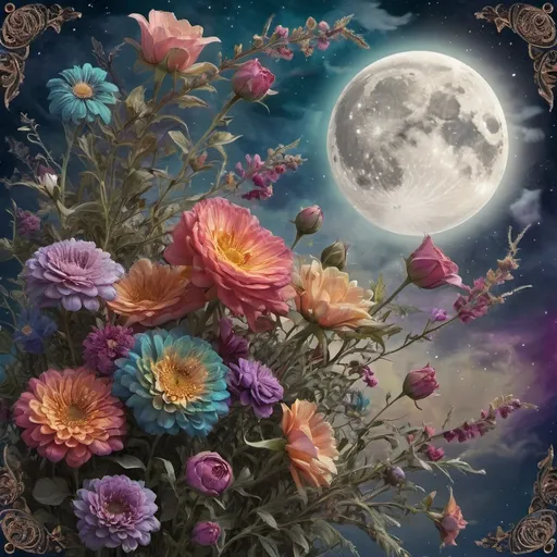 Prompt: (accurately spelled text "the moon is in the sky"), (Nuit), flowers, moon, enchanting sky, vibrant colors, ethereal ambiance, fantasy art, intricate details, celestial theme, floral elements, artistic frame, captivating composition, mystical and whimsical, highly detailed digital painting, sublime lighting, rich textures, awe-inspiring beauty, 4K quality, vivid and colorful palette.