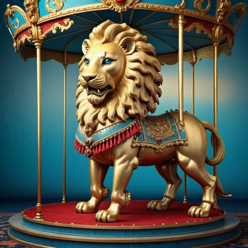 Prompt: (golden lion statue), (carousel), bright blue background, (red carpet), blue wall, inspired by Charles Bird King, Qajar art style, (highly detailed), digitally painted, (ultrafine details), vibrant colors, elegant ambiance, cinematic lighting, rich textures, immersive composition, fantastical atmosphere, intricate designs, artful presentation, HD quality.