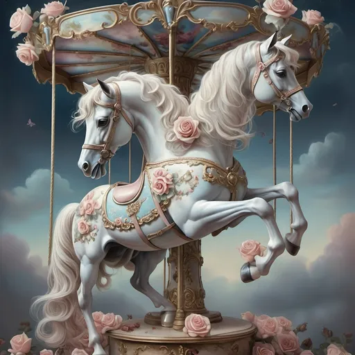 Prompt: (artstyle-renaissance painting), still life, (muted color scheme), a carousel horse ghost, adorned with roses on its back legs, fantasy artwork, dreamy sky background, airbrush painting, ethereal atmosphere, delicate details, tranquil ambiance, soft lighting, ultra-detailed, high-quality craftsmanship, vibrant yet soft textures, whimsical elements.