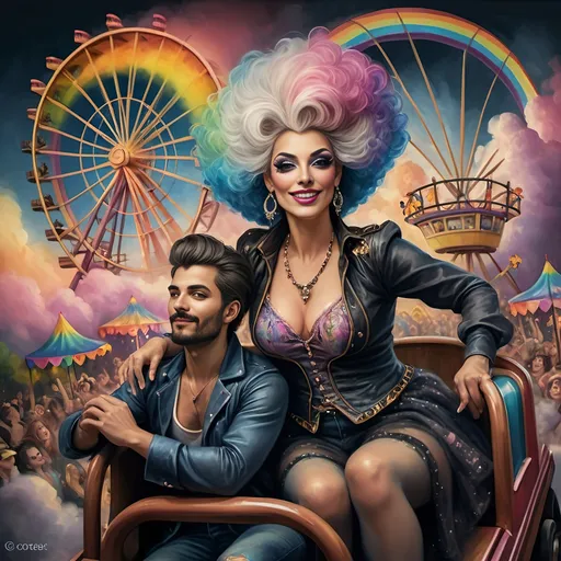 Prompt: (honoring nuit), a mesmerizing painting of colorful drag queens exuding joy and fabulousness while riding a roller coaster, vibrant (rainbow) painted on the side, a whimsical ferris wheel creating a festive atmosphere in the background, whimsical cotton candy clouds, (dynamic movement), warm pastel colors enhancing the lively scene, ultra-detailed, high-quality artwork capturing a celebratory ambiance.