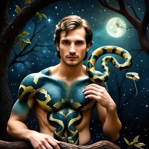 Prompt: (snake on a tree branch), mystical starry sky backdrop, (captivating) pop surrealism style, (highly detailed) digital painting, (airbrush painting technique), intricate textures, ethereal lighting, alluring color palette, deep contrast between night sky and tree textures, enchanting atmosphere, surreal elements throughout, evoking a sense of wonder and tranquility.