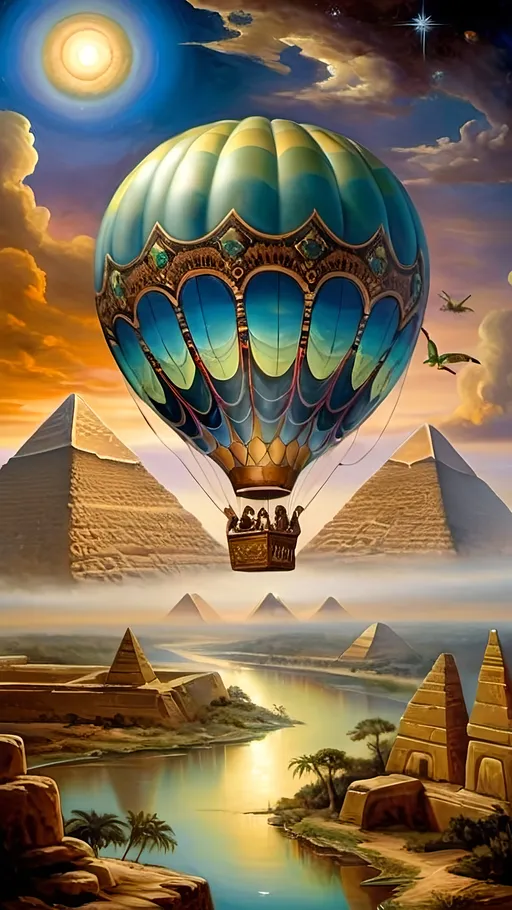 Prompt: Masterpiece oil painting, (hot air balloon) of “7 Wonders Art Glass Studio” featuring a vibrant snake design, (ethereal sky) filled with stars and planets, honoring (goddesses Nuit and Horus). Floating gracefully over the (majestic Great Pyramids), symbolizing wisdom, while incorporating (ancient themes) inspired by Thoth, offering a dreamy, celestial atmosphere, ultra-detailed, vibrant colors, fantastical ambiance.