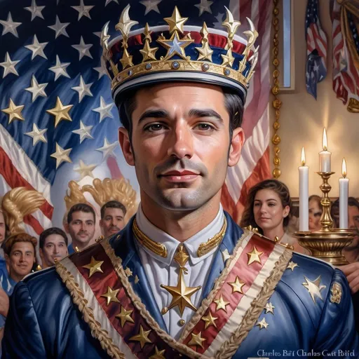 Prompt: A Seven Wonders Art Glass Studio painting of a man wearing a crown and American flag behind him with candles in the background and a candle lit room, Charles Bird King, american realism, highly detailed digital painting, a character portrait honoring Nuit.