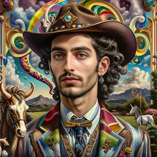 Prompt: (7 Wonders Art Glass Studio oil painting), (honoring Nuit), Art Nouveau style, a tall man wearing a cowboy hat and bolo tie, intricate patterns swirling behind him, vibrant colors blend harmoniously, rich textures of oil paint, capturing a mysterious, enchanting atmosphere, showcasing the elegance of Art Nouveau, highly detailed, expressive brushwork, 4K ultra-detailed masterpiece background.