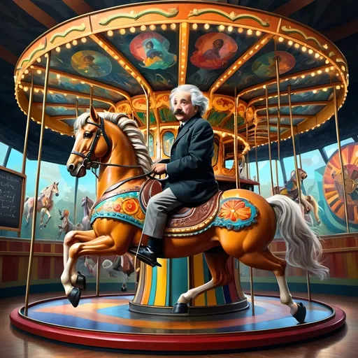 Prompt: Carousel of Science, (vibrant art deco style), (highly detailed) digital painting, Albert Einstein on a carousel, horse riding in front, intricate chalkboard in the background, colorful geometric patterns, dynamic composition, sharp lines, depth in shadows and highlights, ultra-fine details, captivating atmosphere, visually striking, evoking curiosity and wonder, HD quality.