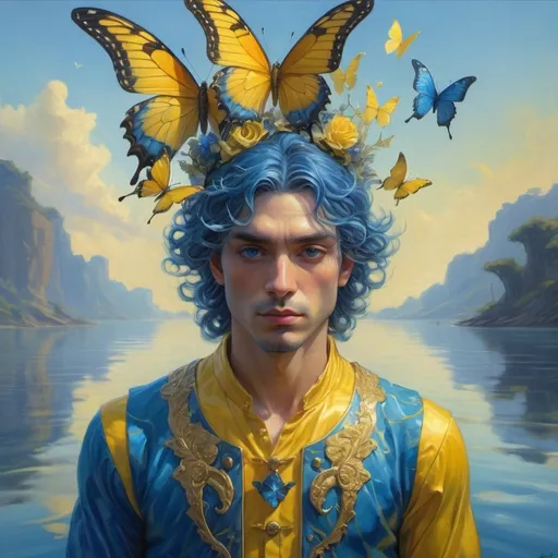 Prompt: (2D painting), a man in a (vibrant blue and yellow outfit), a butterfly gracefully perched on his head and chest, standing proudly in front of a (calm body of water), infused with (fantasy elements), inspired by Donato Giancola's style, featuring (epic fantasy character art), a captivating (character portrait), the atmosphere is (dreamy and enchanting), colorful reflections on water surface, (ultra-detailed), high quality.