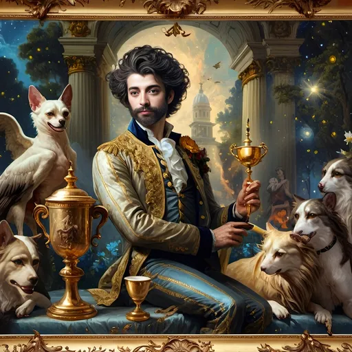 Prompt: (oil painting) Honoring Nuit, a man with a (wisdom-filled beard) holding a harp and a (rich) cup of wine, next to a (gilded golden cup), Ditlev Blunck's artisanal touch, (neoclassical elegance) with (Flemish Baroque influences). The atmosphere reflects reverence and beauty, drenched in (warm, golden tones), evoking the essence of a (divine encounter) that captures a mortal honoring the God Pan. Ultra-detailed, quintessential classical painting.