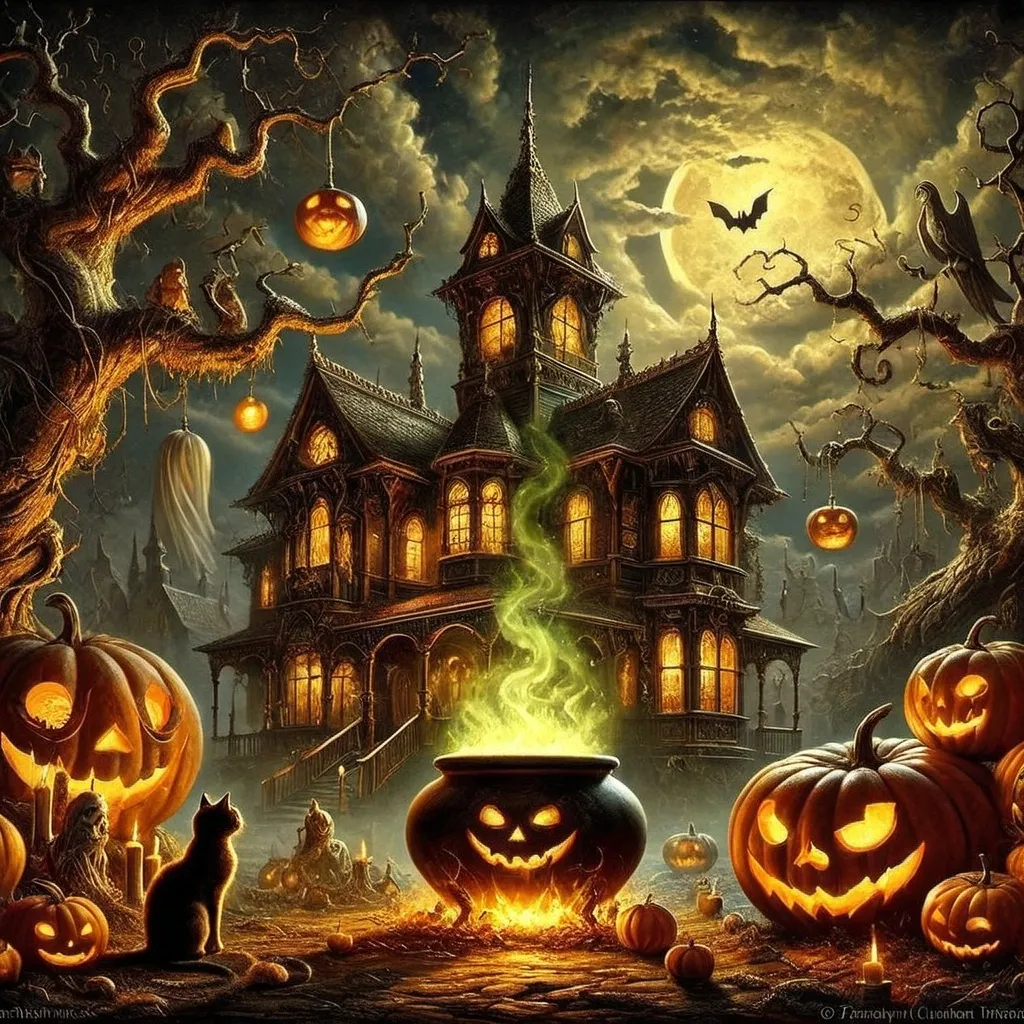 Prompt: a halloween scene with pumpkins and a house with a ghost on it and a cat sitting in front of it, Anne Stokes, gothic art, horror theme, poster art