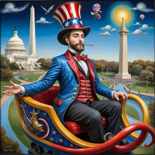 Prompt: A (masterful) Seven Wonders Art Glass Studio painting, depicting a (charming) magician man in a (patriotic) top hat, joyfully riding a rollercoaster in Liberty Park, featuring vibrant colors and whimsical elements, with a prominent Washington Monument in the background, intricately integrated with the phrase (accurately spelled text "Yankee Doodle"), all while encapsulating the theme of (honoring Nuit and the Aeon of Horus), ultra-detailed, colorful and dynamic atmosphere.