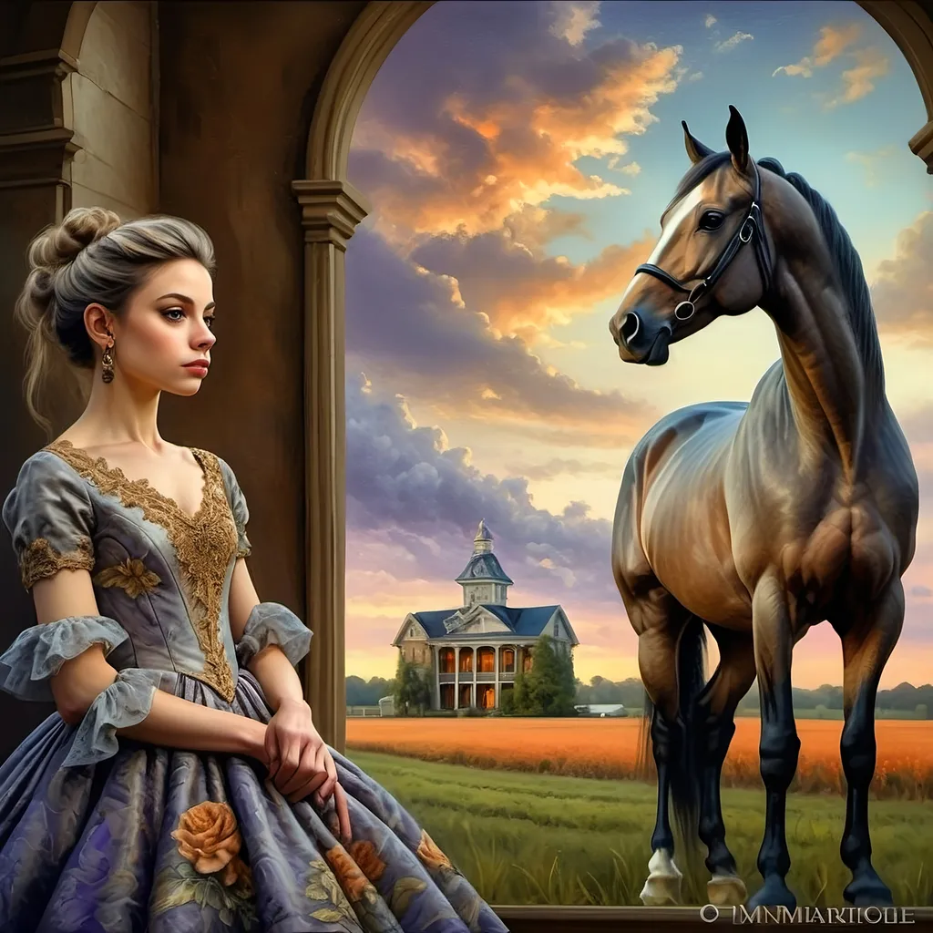 Prompt: (Honoring Nuit), highly detailed (oil painting), thoroughbred horse (majestic posture) on a Kentucky farm, stunning evening dusk lighting, soft illuminated clouds, warm hues of orange and purple blending over fields, rich textures of horse's coat, serene rural landscape (tranquil atmosphere), lush greenery in the background, ultra-detailed, artistic masterpiece showcasing equine beauty at sunset.