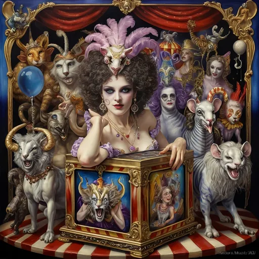 Prompt: A Seven Wonders Art Glass Studio oil masterpiece painting honoring Nuit.  Pandora’s Magical Music Box of carnival and circus freaks.  highly detailed oil painting, an ultrafine detailed painting