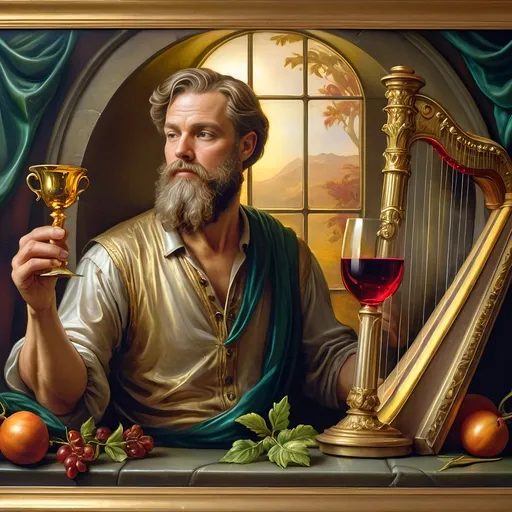 Prompt: (Seven Wonders Art Glass Studio), oil painting, (honoring Nuit), a man with a beard, holding a harp, glass of wine, golden cup beside him, (Ditlev Blunck), neoclassicism, classical painting, Flemish Baroque style, high detail, rich colors, warm glowing light, serene atmosphere, capturing tradition and reverence, elegant background with ethereal elements, ultra-detailed composition, masterful artistry.