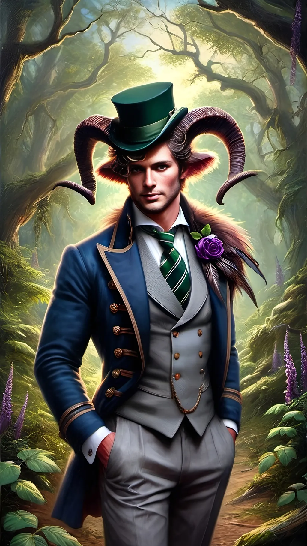 Prompt: (mysterious esoteric portrait of a satyr), dark renaissance still life style, man dressed in a sleek (suit and top hat), integrated with rich renaissance period attire, (intricate horns) on his head, adorned with a vivid green tie, blending elements of mortality and Arcadia, evocative atmospheric lighting, deep shadows and warm highlights, (ultra-detailed) masterpiece, lush backdrop with elements of nature and artistry, creating an otherworldly vibe.