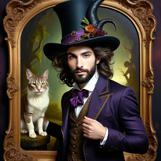 Prompt: (honoring Nuit), moon and stars) captivating handsome man magician, pointed witch hat, facial features highlighted, elegant beard, (renaissance baroque painting style), dark mystical background, rich deep colors with dramatic contrast, elements of Halloween celebration in still life arrangement, enigmatic ambiance, intricate shadows and light, (highly detailed), evoking intrigue and enchantment.