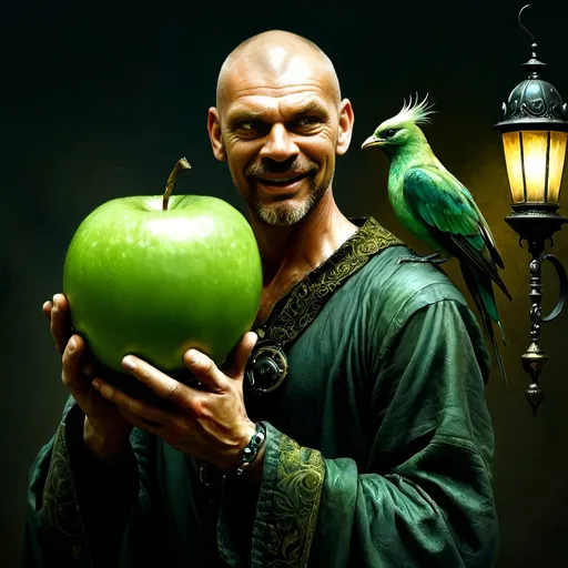 Prompt: (renaissance style), dark color scheme, a man with a horned head, a bird perched on his shoulder, holding a lamp in one hand, a green apple in the other, inspired by Esao Andrews, (highly detailed), fantasy art, character portrait, intricate details, rich textures, dramatic lighting, moody ambiance, ultra-detailed digital painting.