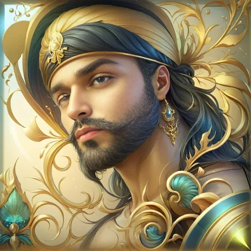 Prompt: a 7 Wonders Art Glass Studio oil painting (honoring Nuit) of a Caribbean pirate with a beard and a headdress on his head and a necklace on his neck, Alejandro Burdisio, qajar art, highly detailed digital painting, a photorealistic painting