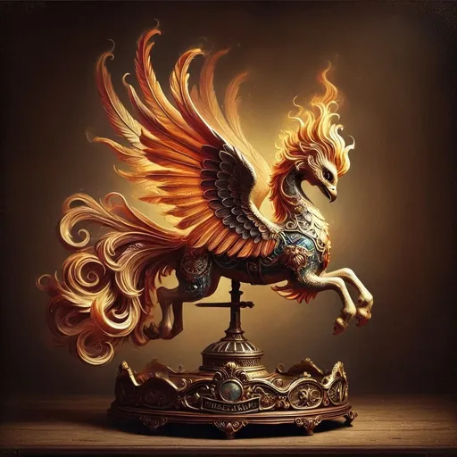 Prompt: (golden and black bird statue), (detailed airbrush painting), on a rustic wooden tabletop, (dark background), (brown backdrop), (Anne Stokes style), captivating fantasy art, ultra-detailed, dramatic lighting, rich textures, reflecting elegance, enchanting atmosphere, inviting mystery, intricate craftsmanship, high quality, perfect for a fantasy collection.