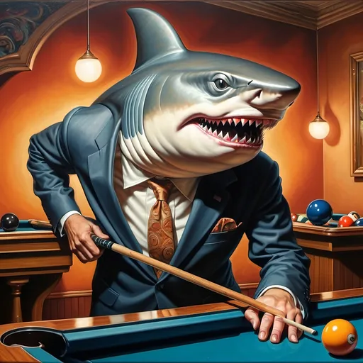 Prompt: a shark in a suit playing pool with a pool cueil and a pool ball in front of him, F. Scott Hess, pop surrealism, classical painting, a fine art painting