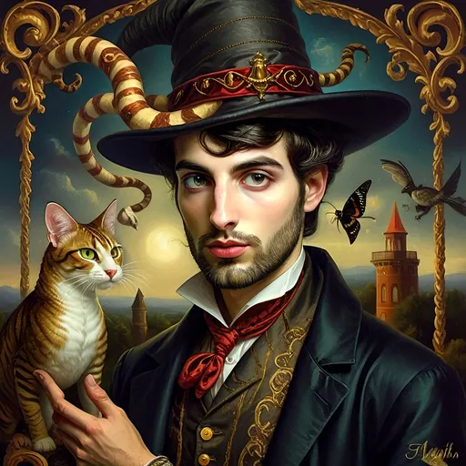 Prompt: (honoring Nuit), captivating handsome man magician with an elegant beard, wearing a pointed witch hat, (renaissance baroque painting style), facial features highlighted in detail, dark mystical background that enhances the allure, rich deep colors creating dramatic contrast, elements of Halloween celebration subtly interwoven, inviting an atmosphere of enchantment and mystery, ultra-detailed, a captivating masterpiece.