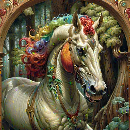 Prompt: A Seven Winders Art Glass Studio exquisite oil Renaissance and Art Nouveu painting of a horse in a forest with swirls and trees in the background and a swirly tree, Amanda Sage, fantasy art, intricate oil painting, an airbrush painting