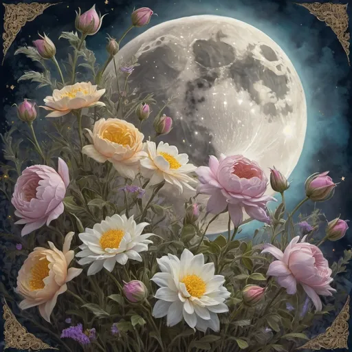 Prompt: (accurately spelled text "the moon is in the sky"), (painting of flowers), (full moon) illuminating the night, (honoring Nuit), vibrant flowers, enchanting ambiance, mystical and soft color palette, ultra-detailed fantasy art, rich textures, cozy atmosphere, intricate frame design, celestial themes, (fantasy art), high resolution, breathtaking digital masterpiece, immersive and dreamlike scene.