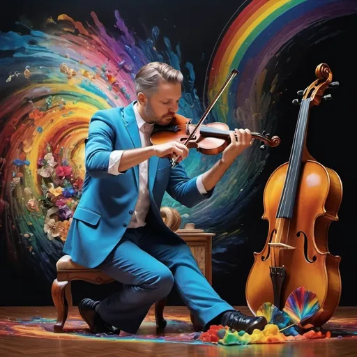 Prompt: (Hearing in Color), art deco style, vibrant color scheme, (complex rainbow swirl) background, painting of a man playing violin, intricate items surrounding him, (renaissance still life) elements, (music flowing as a rainbow), dynamic movement, mixing visual art with sound, hyper-detailed, rich textures, cinematic ambiance, enchanting atmosphere, (4K ultra-detailed quality), colorful symphony of sight and sound.