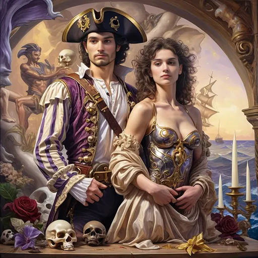 Prompt: (A 7 Wonders Art Glass Studio Renaissance oil painted masterpiece), (Honoring Nuit), pirate man and lover, adorned in detailed pirate costumes reminiscent of Conquistadors, standing confidently together, in front of an intricately designed ship with a skull motif, lush fantasy settings, remarkable (highly detailed), rich color palette, masterful (oil painting), capturing a sense of adventure and romance.