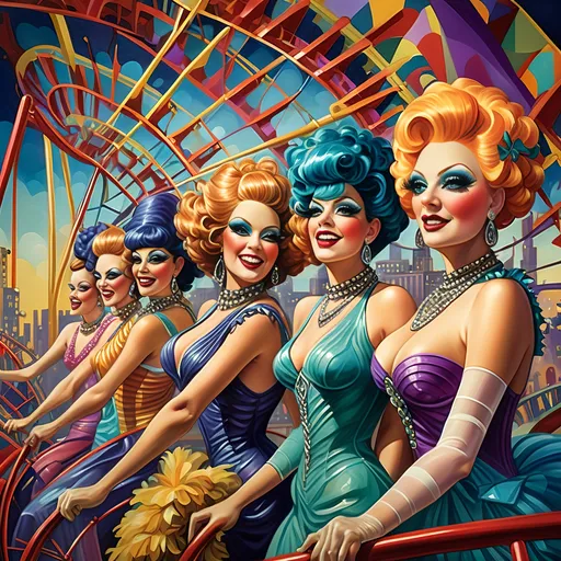 Prompt: (A Seven Wonders Art Glass Studio oil masterpiece) Art Deco style, vibrant color scheme, a lively group of drag queens in extravagant clothing, ascending a fantastical roller coaster in Liberty Park, joyful expressions, others on a colorful Ferris wheel, overlooking local attractions, honoring Nuit, dynamic composition, rich details, luxurious textures, atmospheric vibrant lighting, ultra-detailed, celebratory ambiance.