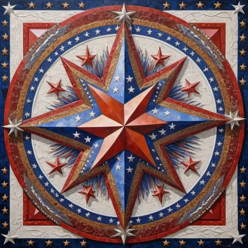 Prompt: (detailed painting), (symbolic star), vibrant colors of the United States, intricate symbols representing America, rich textures, depth in colors, blend of traditional and modern regionalism themes, expressing unity and diversity, profound visual storytelling, captures the essence of American identity, ultra-detailed, a masterpiece celebrating the spirit of the nation.