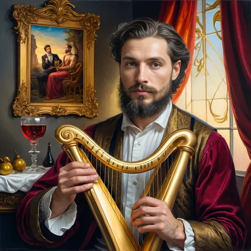 Prompt: (Seven Wonders Art Glass Studio), oil painting, (honoring Nuit), a man with a beard, holding a harp, glass of wine, golden cup beside him, (Ditlev Blunck), neoclassicism, classical painting, Flemish Baroque style, high detail, rich colors, warm glowing light, serene atmosphere, capturing tradition and reverence, elegant background with ethereal elements, ultra-detailed composition, masterful artistry.