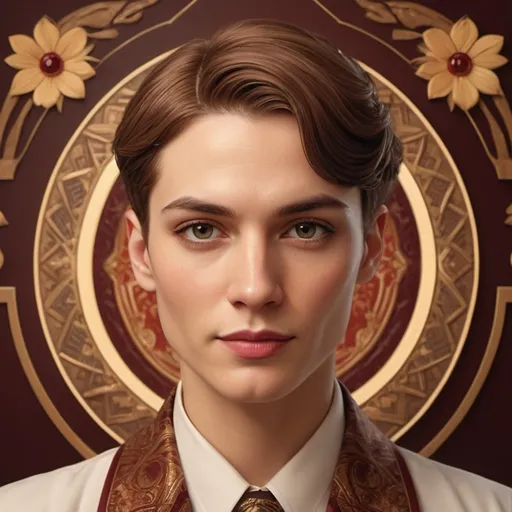 Prompt: Art Deco-style portrait, (transgender doctor), warm color scheme, richly detailed, elegant lines and geometric shapes, vintage aesthetic, symbolic motifs, showcasing the contributions to society, vibrant golds and deep reds, intricate background with floral elements, (highly stylized), soft lighting for a nostalgic atmosphere, celebrating identity and achievements, 4K, ultra-detailed.