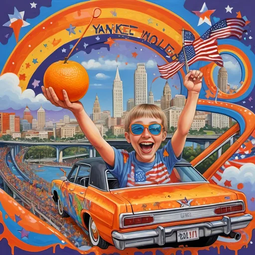 Prompt: (accurately spelled text "Yankee Doodler"), (psychedelic style), (vibrant color scheme), vibrant paint splashes, detailed painting, surreal theme, Russian individual holding a Florida orange symbolizing Republican endorsement, bold patterns, roller coaster car, American flag waving dramatically, Washington D.C. skyline in the background, whimsical elements, bright and vivid colors, intricate details, high-quality image, ultra-detailed.