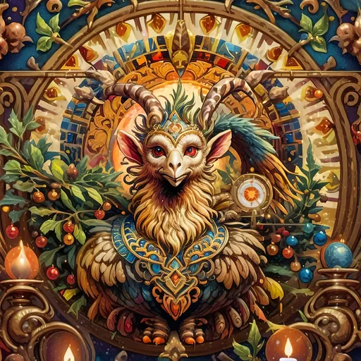 Prompt: (vibrant art nouveau still life), colorful magical painting, (intricate satyr man) with prominent horns, adorned with a festive wreath, holding a glowing candle, (ornate Christmas tree) in the background, rich intricate stained glass details, (refined porcelain influences), warm luminous lighting, lush textures, whimsical ambiance, and ultra-detailed craftsmanship that evokes the enchanting spirit of the holiday season.