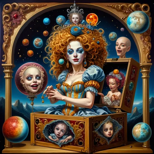 Prompt: (oil painting) a stunning masterpiece, (Renaissance), surreal depiction of the Goddess Nuit represented by a Jack-in-the-Box, intricately dressed, emerging from a beautifully designed box, (cosmic themes) sewing the seeds of the universe, embellishing the scene with vibrant planets and celestial bodies, breathtaking colors, whimsical atmosphere, elaborate details, ultra-detailed, 4K quality.