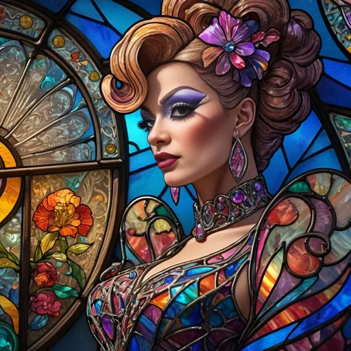 Prompt: Still life portrait, (stained glass design), (artistic drag queen), (Art Nouveau style), highly detailed, brilliant colors, psychedelic patterns, dynamic shapes, luminous glow, intricate glasswork, vibrant hues, soft lighting, elegant composition, captivating ambiance, celebrating craftsmanship and artistry, 4K, ultra-detailed, artistic masterpiece and visual marvel.