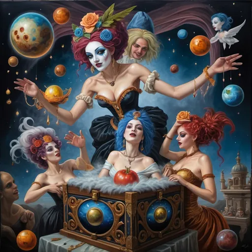 Prompt: (Renaissance oil painting), a stunning masterpiece capturing the essence of the Goddess Nuit, a whimsical Jack-in-the-Box emerging in ornate attire, sewing the seeds of the universe, planets swirling around, vibrant cosmic colors illuminating the canvas, intricate details, rich textures, playful yet profound ambiance, 4K ultra-detailed, an extraordinary blend of mythology and creativity celebrating the act of creation in a mystical setting.